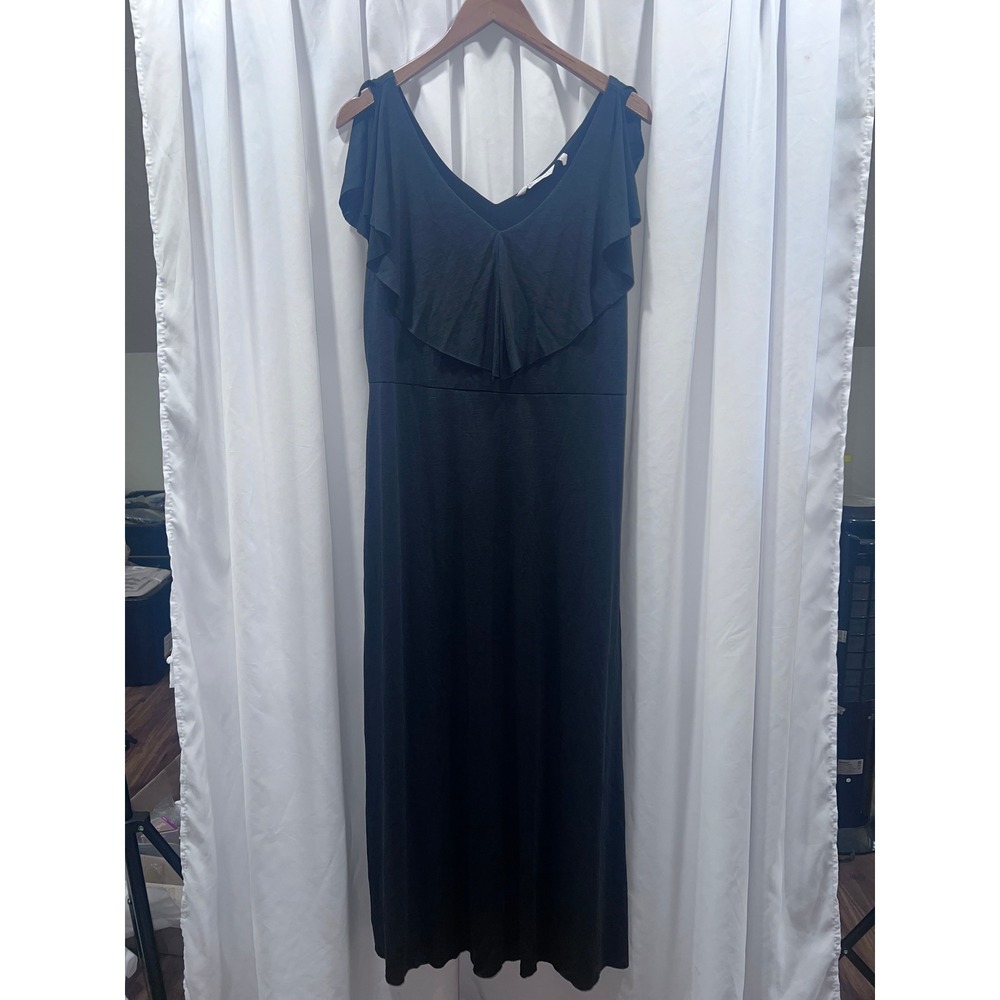 Soft Surroundings Black Ruffle V-Neck Maxi Dress Sleeveless Empire Waist Large